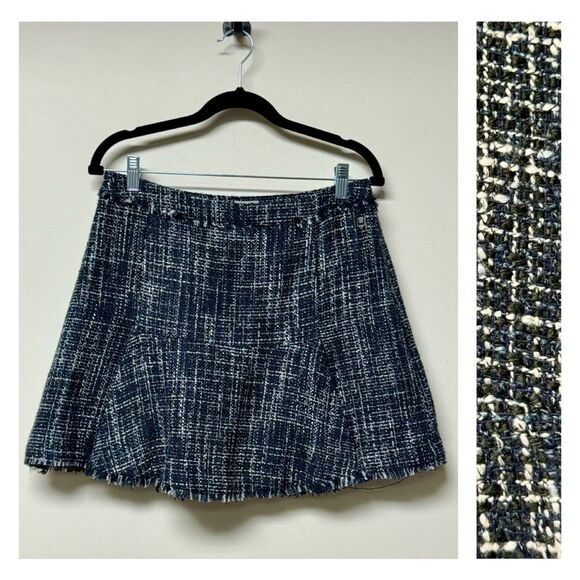 NWOT ADOLFO DOMINGUEZ Navy/Black/White/Silver Tweed Mini Skirt, Sz 38 (4) - Picture 1 of 16
